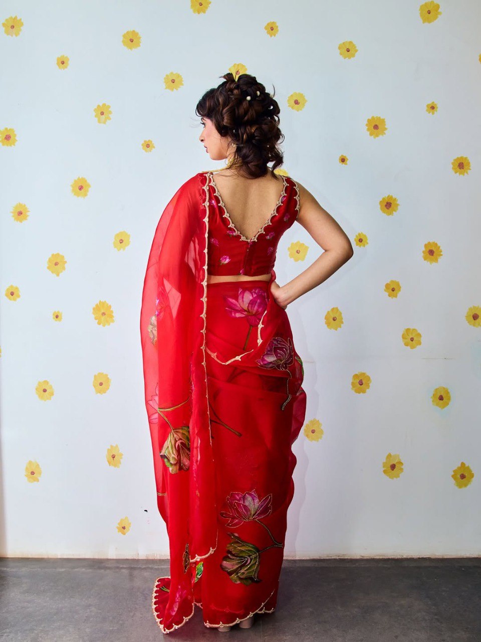Ready-to-Wear Organza Silk Saree with Floral Print & Handwork and Stitched Blouse
