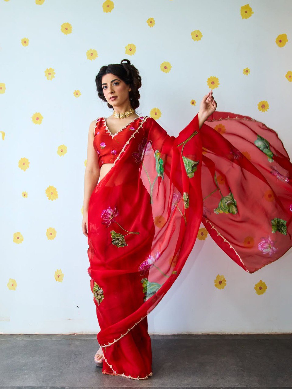 Ready-to-Wear Organza Silk Saree with Floral Print & Handwork and Stitched Blouse