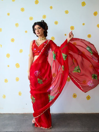 Ready-to-Wear Organza Silk Saree with Floral Print & Handwork and Stitched Blouse