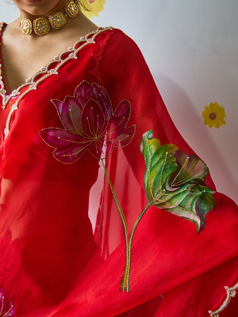 Ready-to-Wear Organza Silk Saree with Floral Print & Handwork and Stitched Blouse