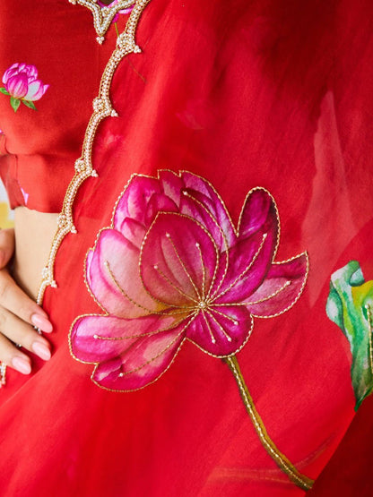 Ready-to-Wear Organza Silk Saree with Floral Print & Handwork and Stitched Blouse