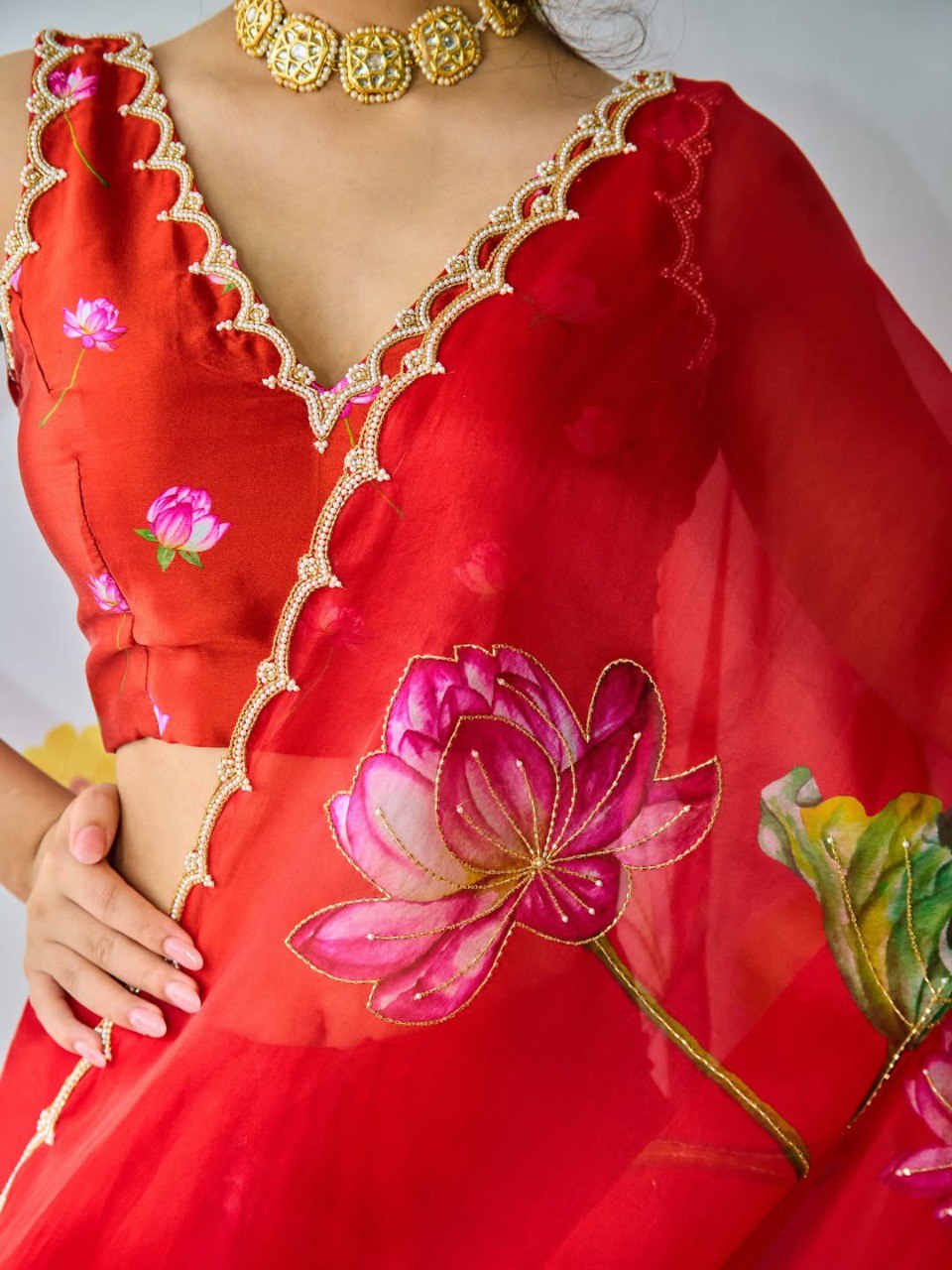 Ready-to-Wear Organza Silk Saree with Floral Print & Handwork and Stitched Blouse
