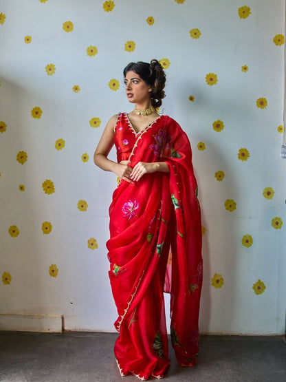 Ready-to-Wear Organza Silk Saree with Floral Print & Handwork and Stitched Blouse
