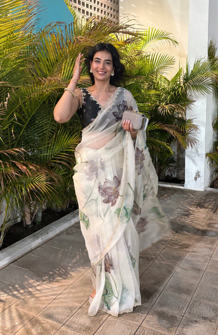 Ready-to-Wear Organza Silk Saree with Floral Print & Handwork and Stitched Blouse