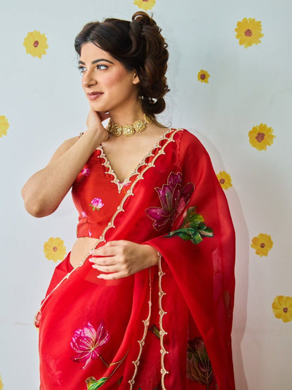 Ready-to-Wear Organza Silk Saree with Floral Print & Handwork and Stitched Blouse