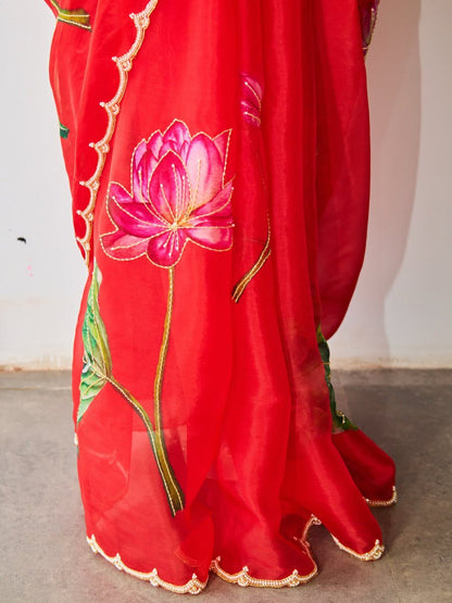 Ready-to-Wear Organza Silk Saree with Floral Print & Handwork and Stitched Blouse