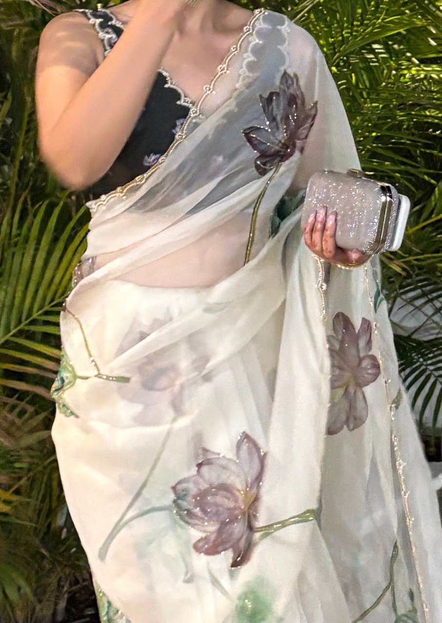 Ready-to-Wear Organza Silk Saree with Floral Print & Handwork and Stitched Blouse