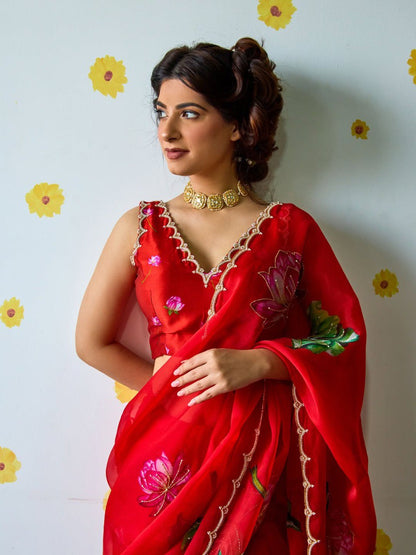 Ready-to-Wear Organza Silk Saree with Floral Print & Handwork and Stitched Blouse