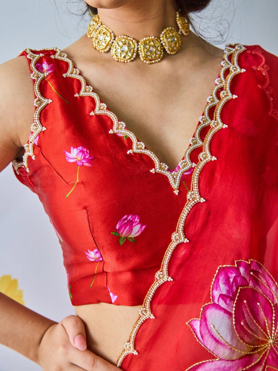 Ready-to-Wear Organza Silk Saree with Floral Print & Handwork and Stitched Blouse