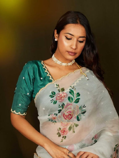 Graceful Multi-Color Organza Silk Ready-to-Wear Saree with Handwork & Satin Silk Blouse