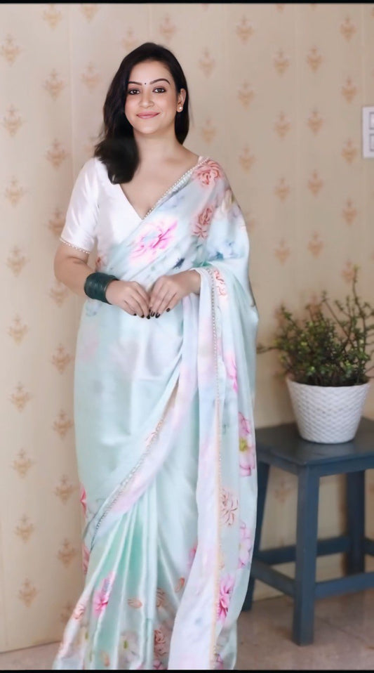 Elegant White Satin Silk Ready-to-Wear Printed Saree with Unstitched Blouse
