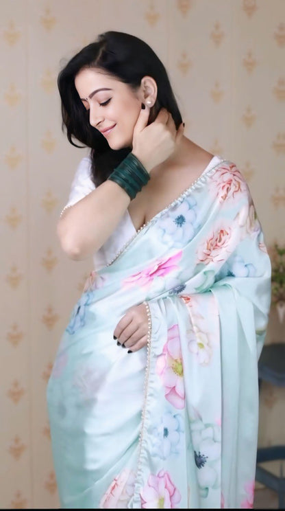 Elegant White Satin Silk Ready-to-Wear Printed Saree with Unstitched Blouse
