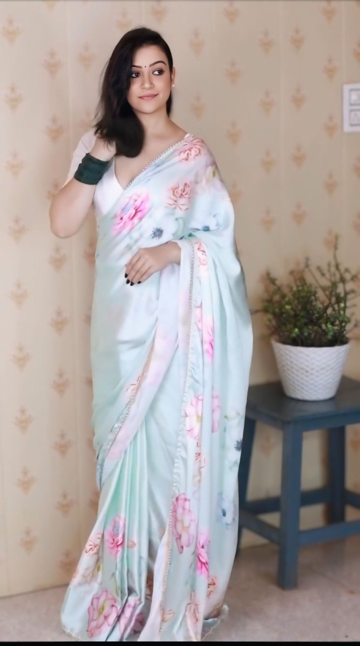Elegant White Satin Silk Ready-to-Wear Printed Saree with Unstitched Blouse