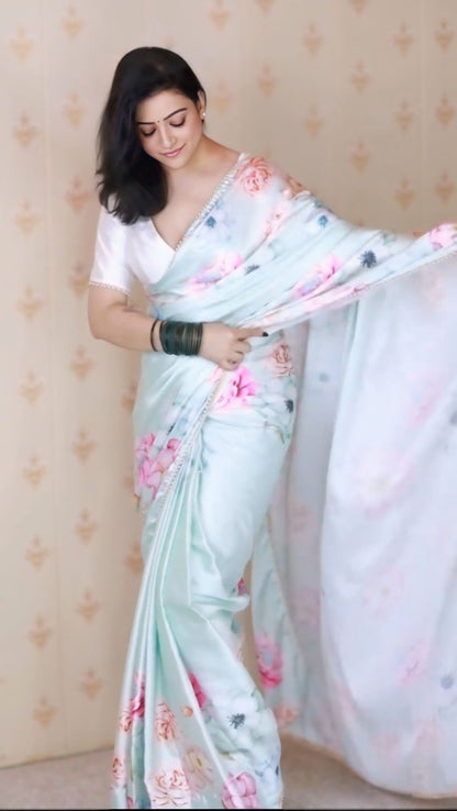 Elegant White Satin Silk Ready-to-Wear Printed Saree with Unstitched Blouse