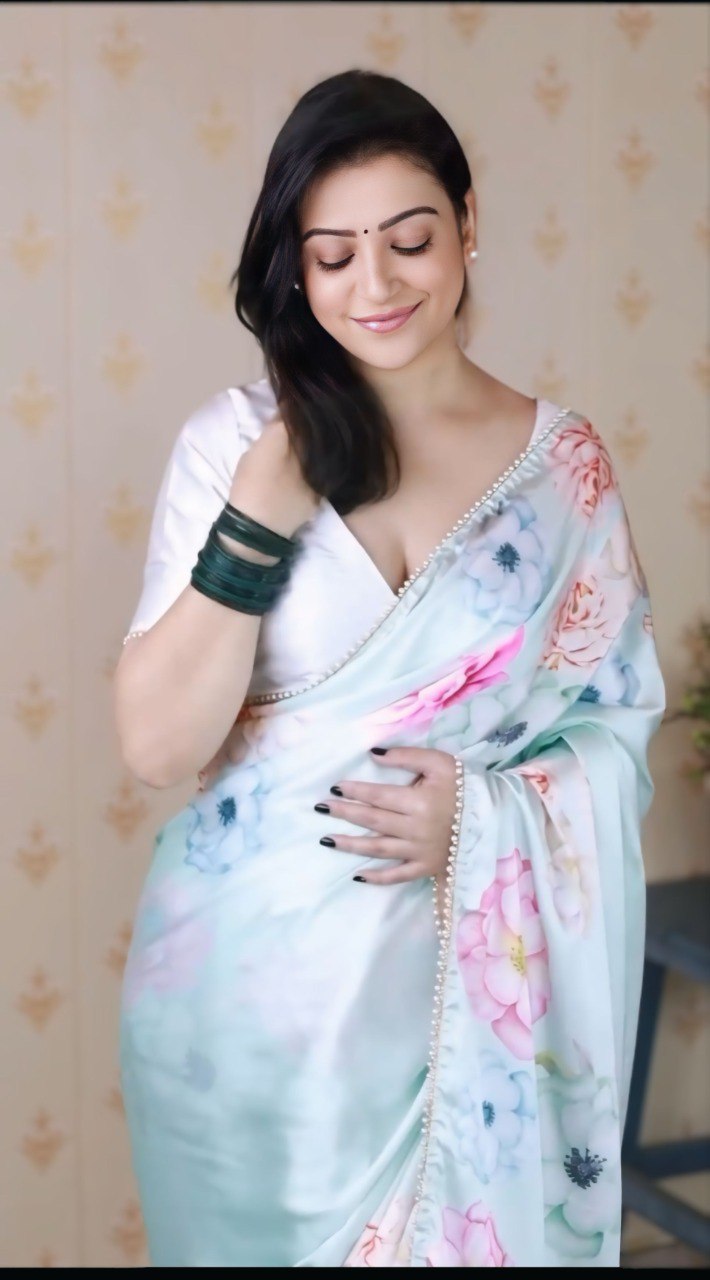 Elegant White Satin Silk Ready-to-Wear Printed Saree with Unstitched Blouse