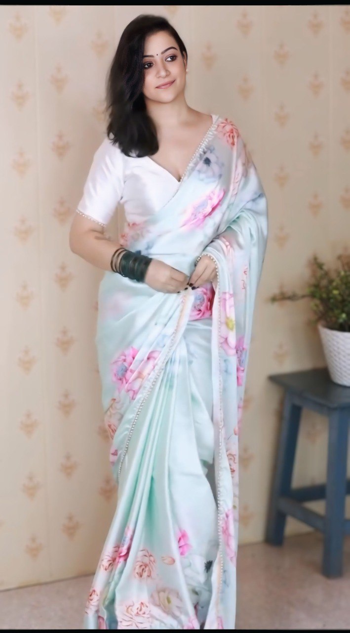 Elegant White Satin Silk Ready-to-Wear Printed Saree with Unstitched Blouse