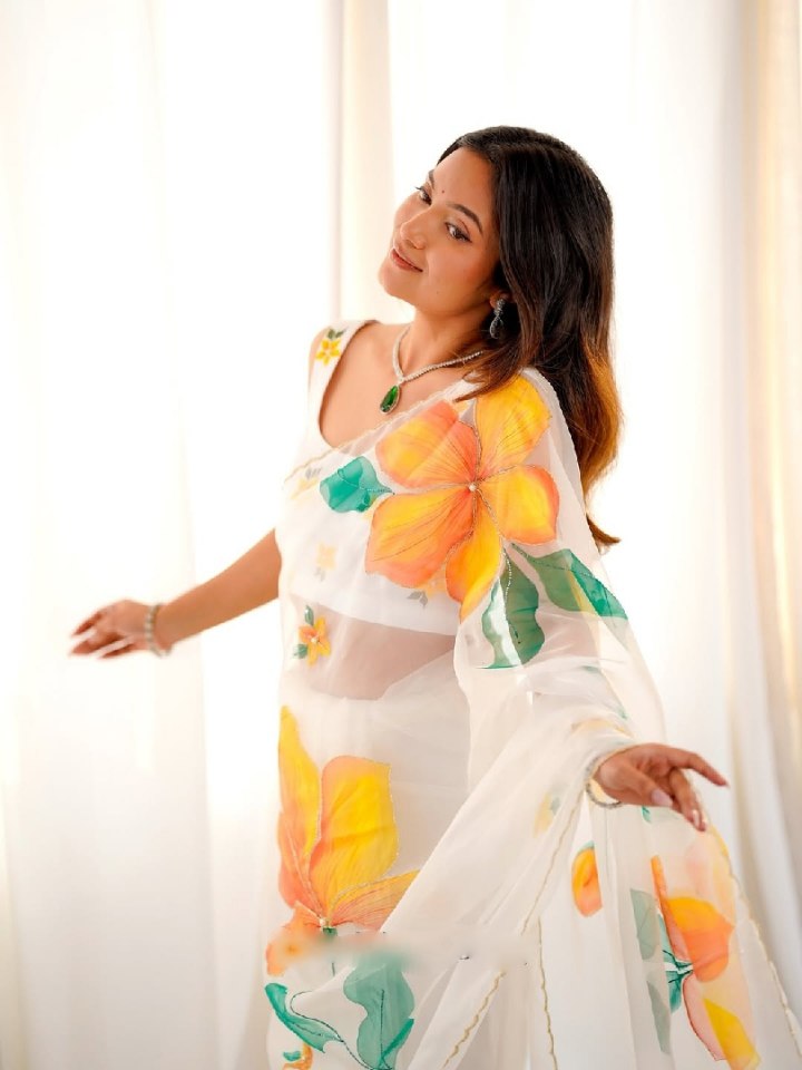 Elegant Pastel Multi Organza Silk Ready-to-Wear Saree with Floral Print & Handwork