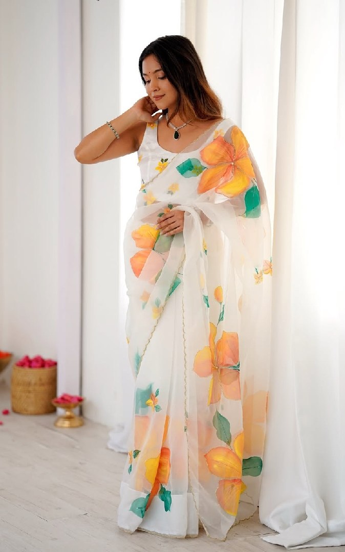 Elegant Pastel Multi Organza Silk Ready-to-Wear Saree with Floral Print & Handwork