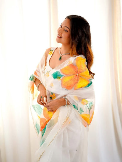 Elegant Pastel Multi Organza Silk Ready-to-Wear Saree with Floral Print & Handwork