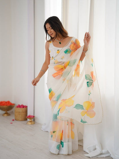Elegant Pastel Multi Organza Silk Ready-to-Wear Saree with Floral Print & Handwork