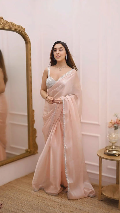Elegant Ready-to-Wear Jimichu Saree with Lace Border & Embroidered Georgette Blouse