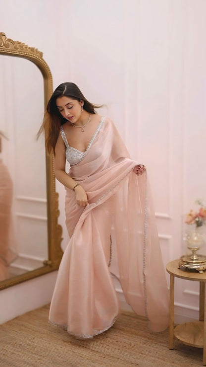 Elegant Ready-to-Wear Jimichu Saree with Lace Border & Embroidered Georgette Blouse
