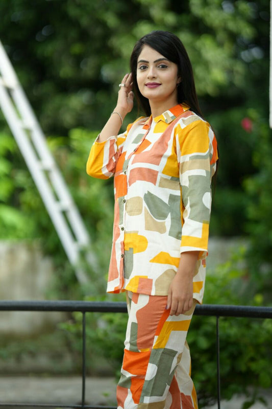 Multi Colour Cotton Printed Casual Wear Readymade Cord Set