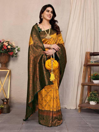 Yellow & Green Floral Woven Lichi Banarasi Silk Saree