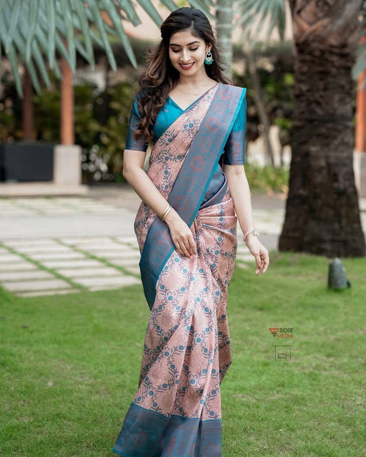 Peach & Blue Floral Woven Lichi Banarasi Silk Saree