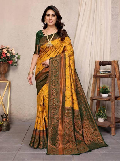 Yellow & Green Floral Woven Lichi Banarasi Silk Saree