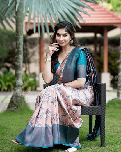 Peach & Blue Floral Woven Lichi Banarasi Silk Saree
