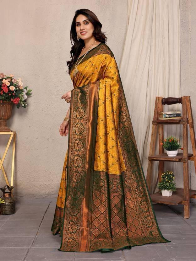 Yellow & Green Floral Woven Lichi Banarasi Silk Saree