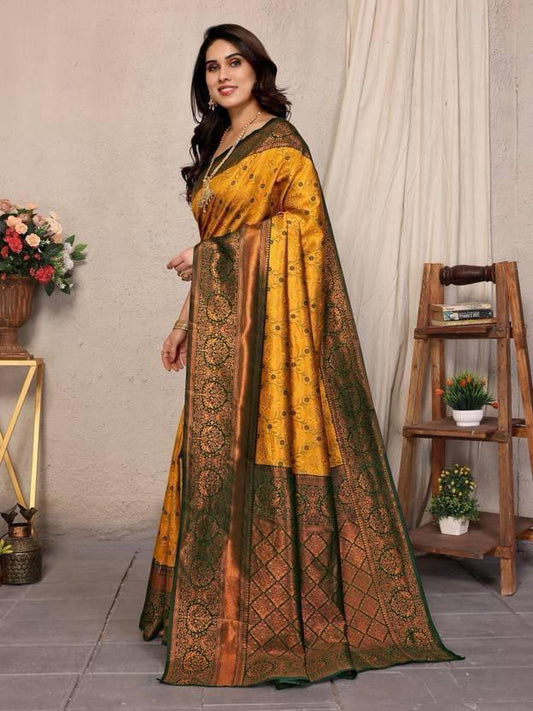 Yellow & Green Floral Woven Lichi Banarasi Silk Saree