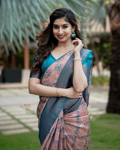 Peach & Blue Floral Woven Lichi Banarasi Silk Saree