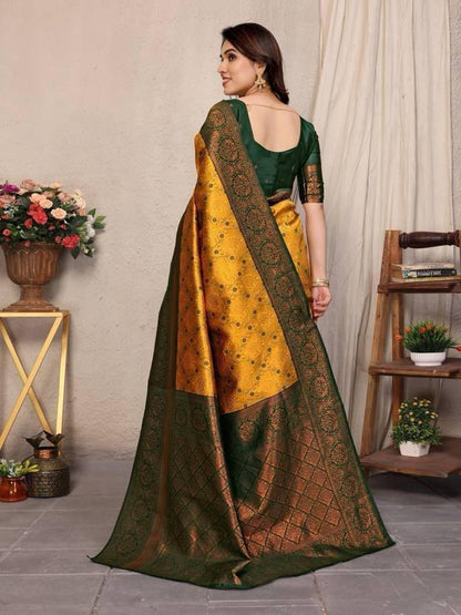 Yellow & Green Floral Woven Lichi Banarasi Silk Saree