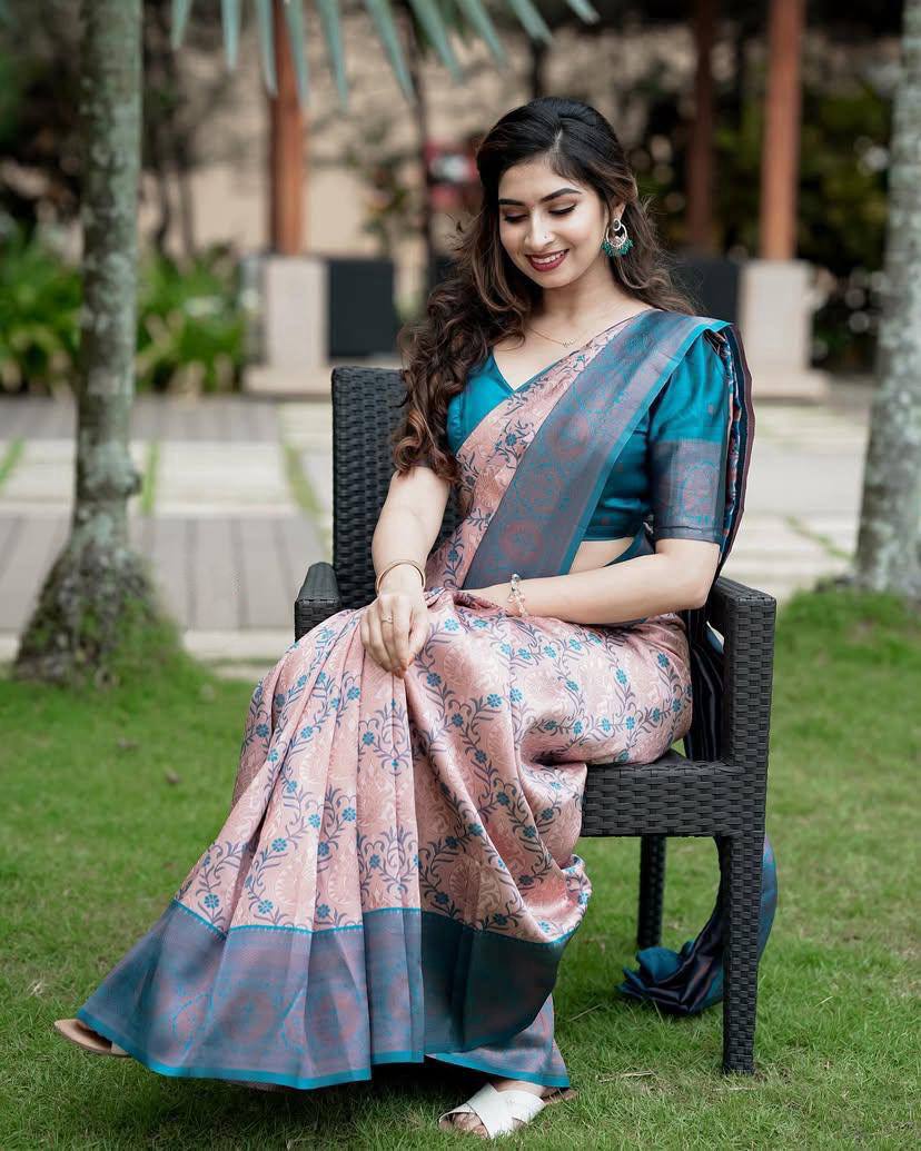 Peach & Blue Floral Woven Lichi Banarasi Silk Saree