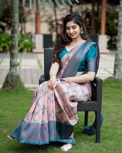 Peach & Blue Floral Woven Lichi Banarasi Silk Saree