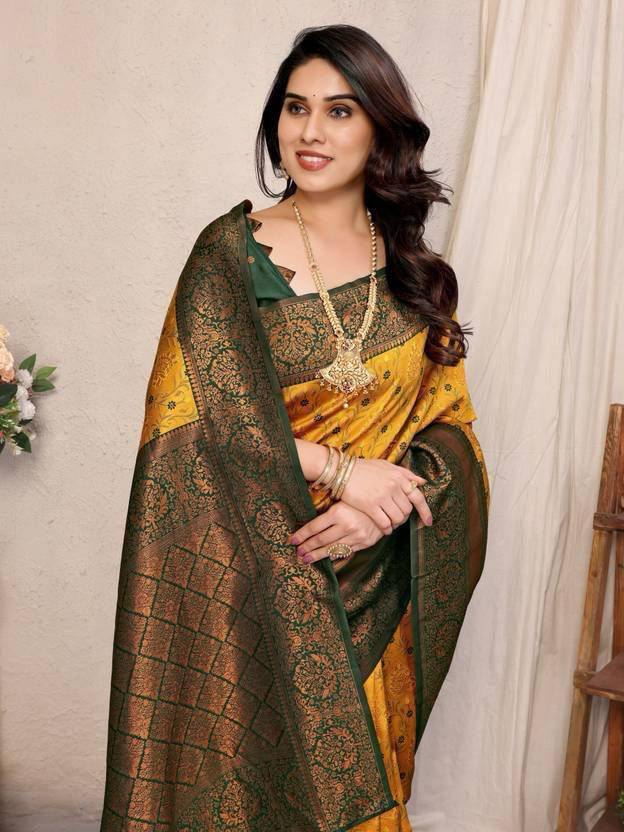 Yellow & Green Floral Woven Lichi Banarasi Silk Saree