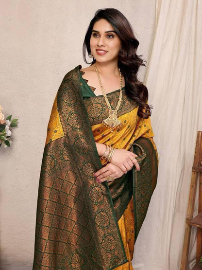 Yellow & Green Floral Woven Lichi Banarasi Silk Saree