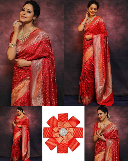 Anjaneya Sarees Red Banarasi Silk Woven Design Saree with Unstitched Blouse