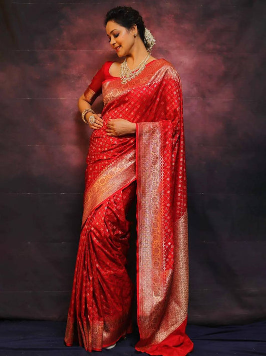 Anjaneya Sarees Red Banarasi Silk Woven Design Saree with Unstitched Blouse