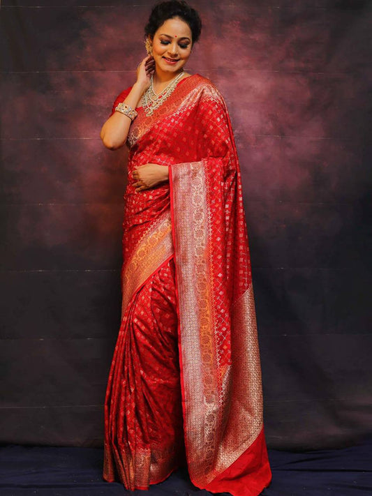 Anjaneya Sarees Red Banarasi Silk Woven Design Saree with Unstitched Blouse