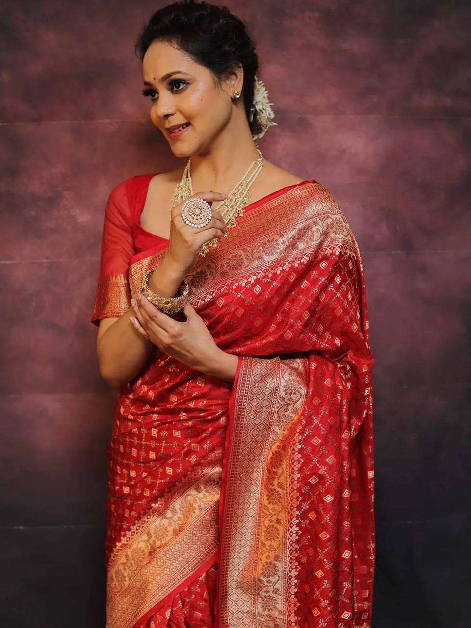 Anjaneya Sarees Red Banarasi Silk Woven Design Saree with Unstitched Blouse