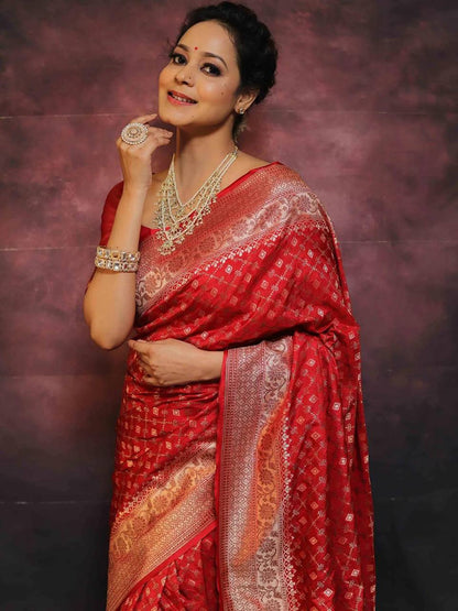 Anjaneya Sarees Red Banarasi Silk Woven Design Saree with Unstitched Blouse