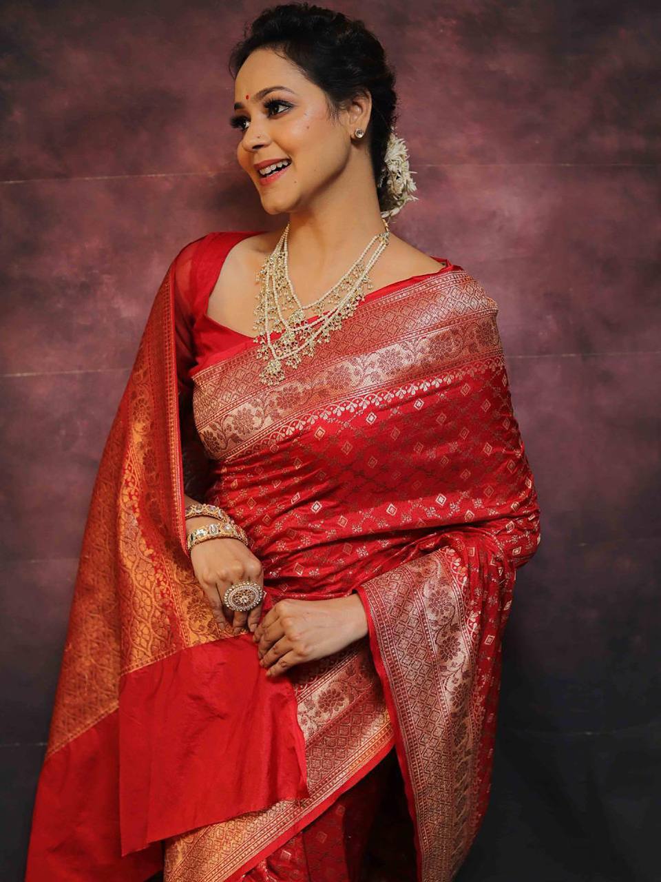 Anjaneya Sarees Red Banarasi Silk Woven Design Saree with Unstitched Blouse