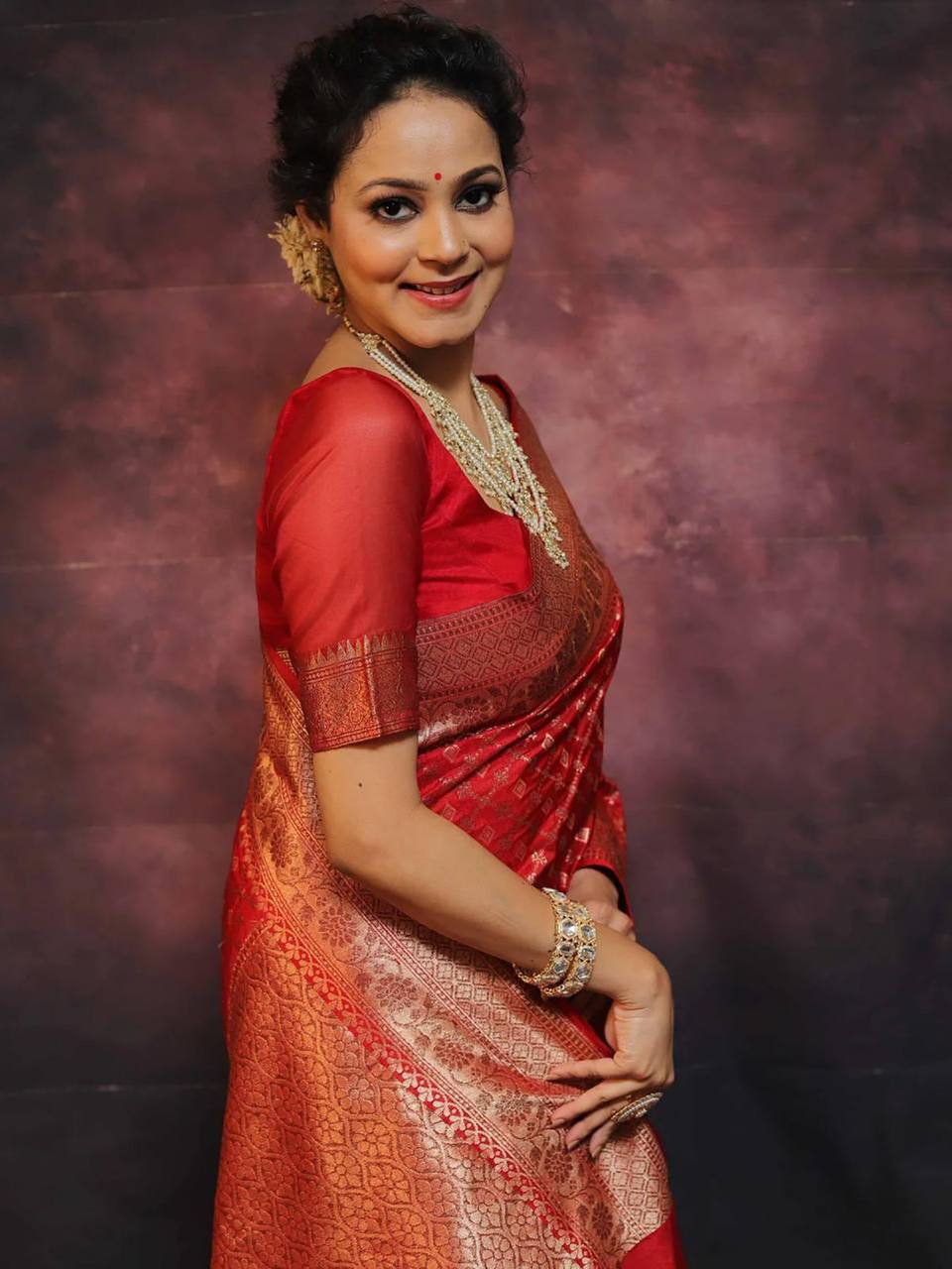 Anjaneya Sarees Red Banarasi Silk Woven Design Saree with Unstitched Blouse