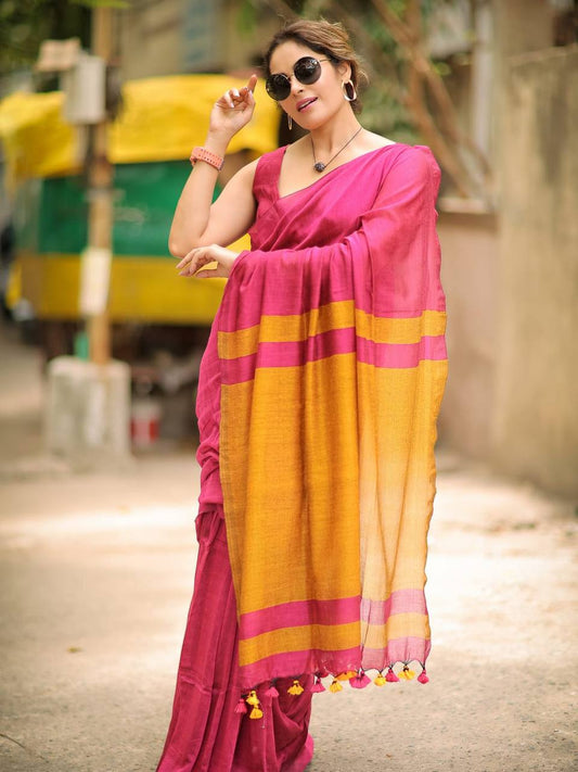 GOPIKANYA KHADI COTTON CONTRAST SAREE - PINK