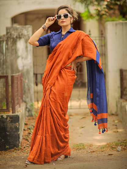 GOPIKANYA KHADI COTTON CONTRAST SAREE - ORANGE