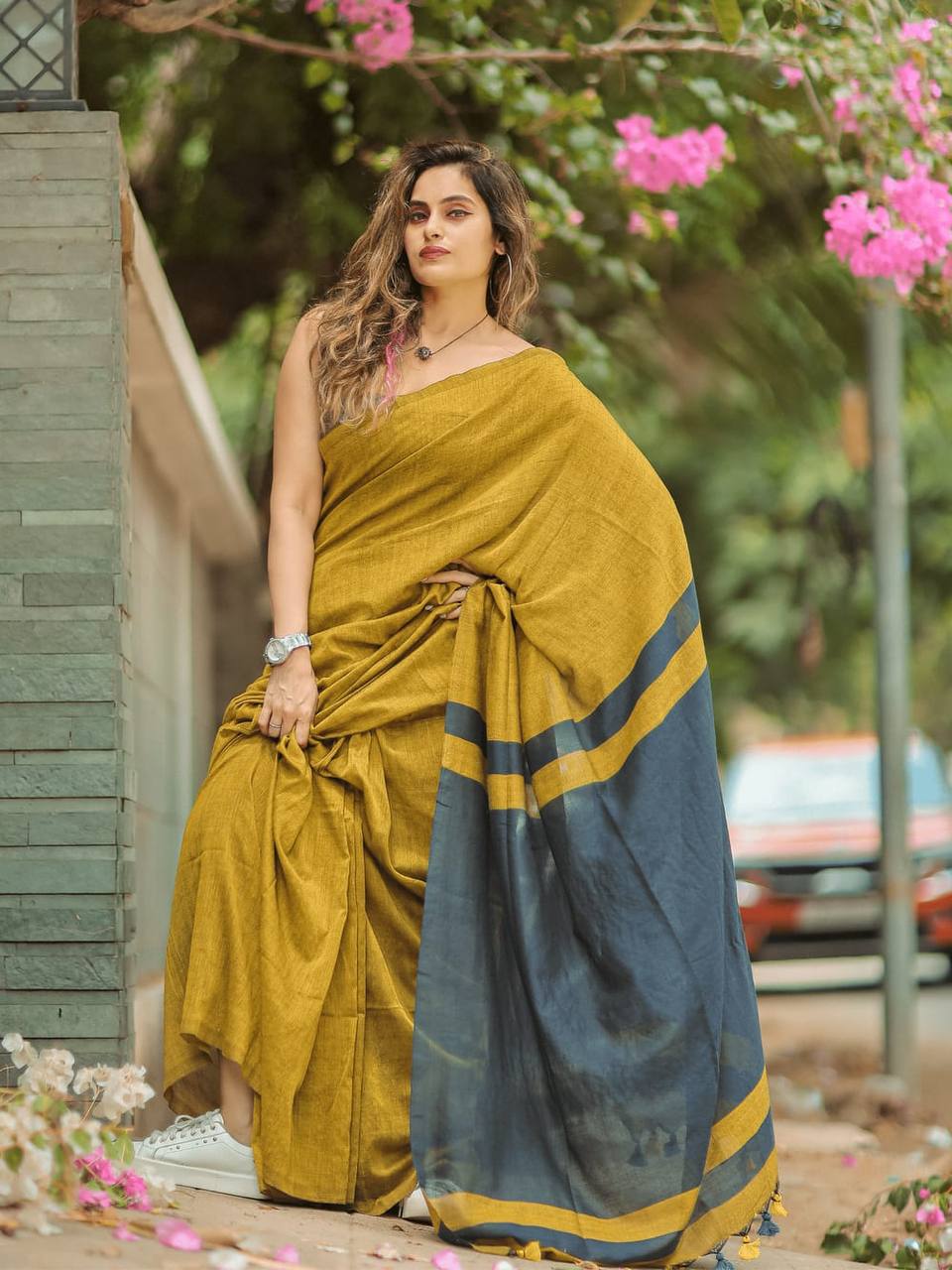GOPIKANYA KHADI COTTON CONTRAST SAREE - YELLOW