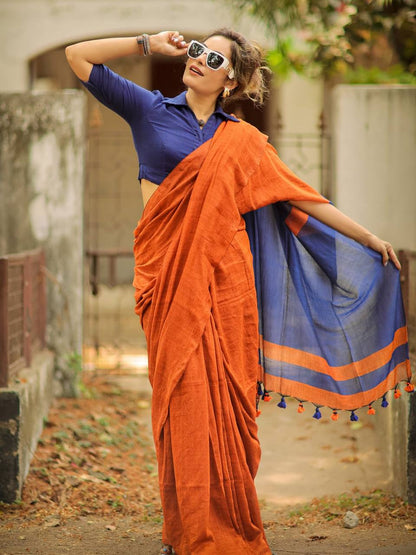 GOPIKANYA KHADI COTTON CONTRAST SAREE - ORANGE